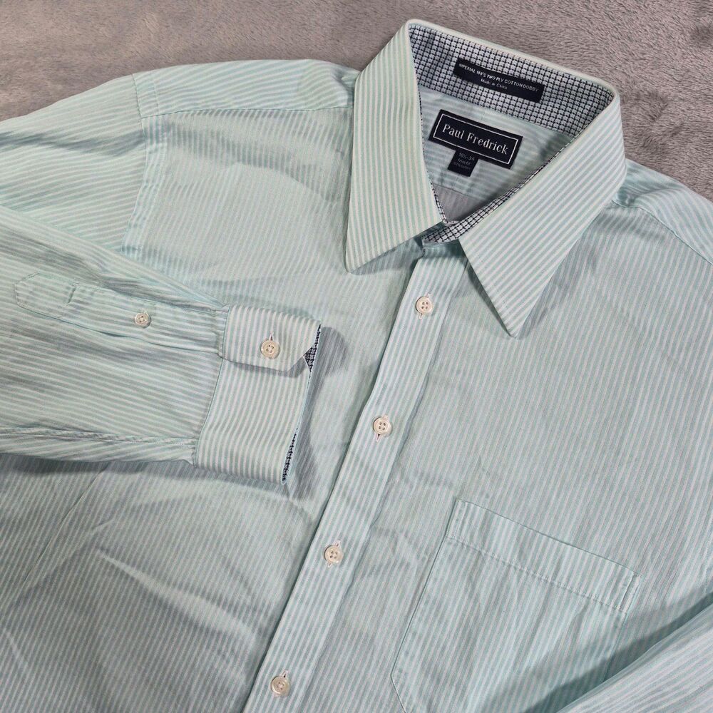 Paul Fredrick Dress Shirt Mens 16.5 34/35 Green Striped Long Sleeve Slim Fit